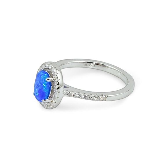 Sterling Silver 925 Blue Lab Opal and Clear CZ Oval Halo Ring - Picture 2 of 7